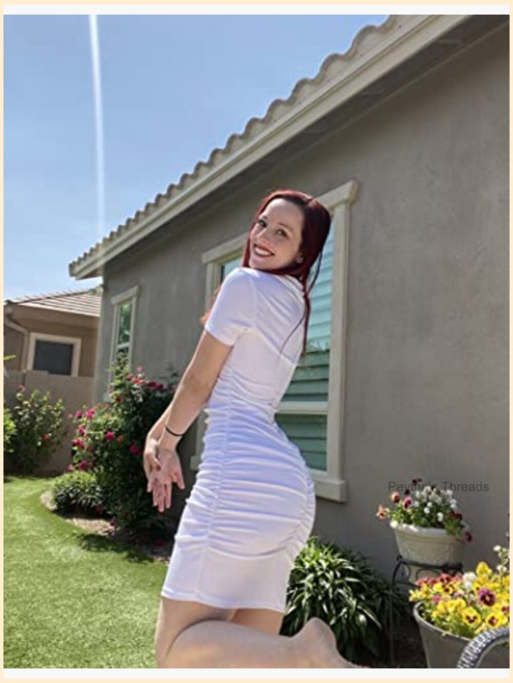 Ruched Bodycon V-Neck Mini Dress with Button Down, Short Sleeve, Ribbed - Picture 5 of 7